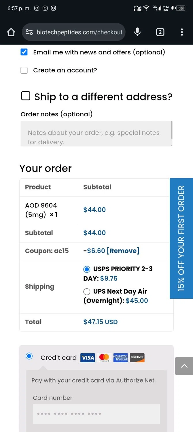 Biotech Peptides checkout page showing Biotech Peptides coupon code box | Screenshot taken by SimplyCodes community member on Jan 13, 2026