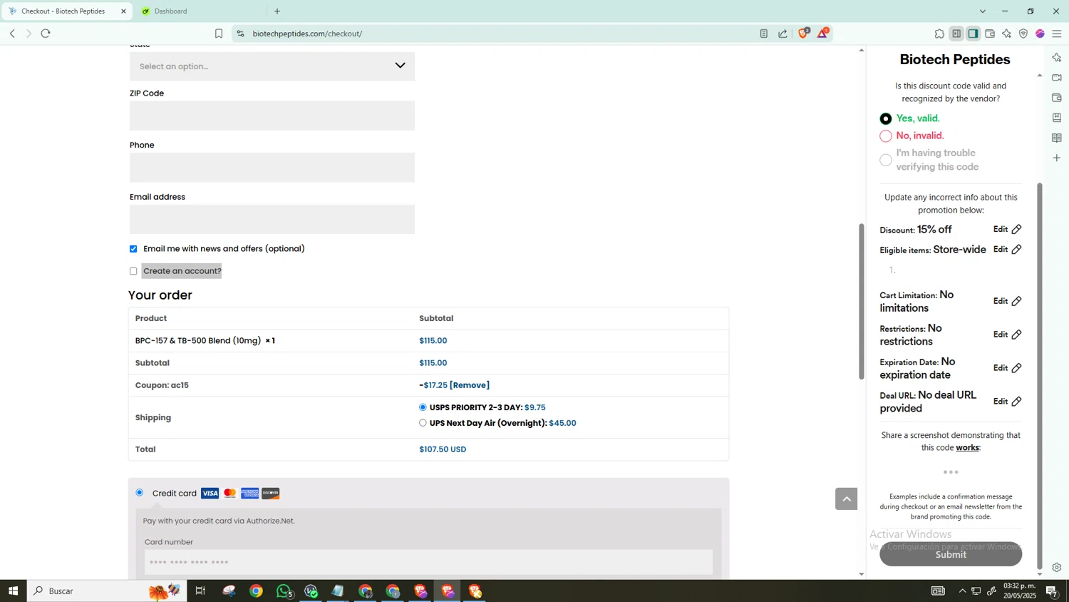 Biotech Peptides coupon code screenshot showing code ac15 applied at Biotech Peptides checkout page. Uploaded by SimplyCodes community member CoinWarden631 on May 20, 2025