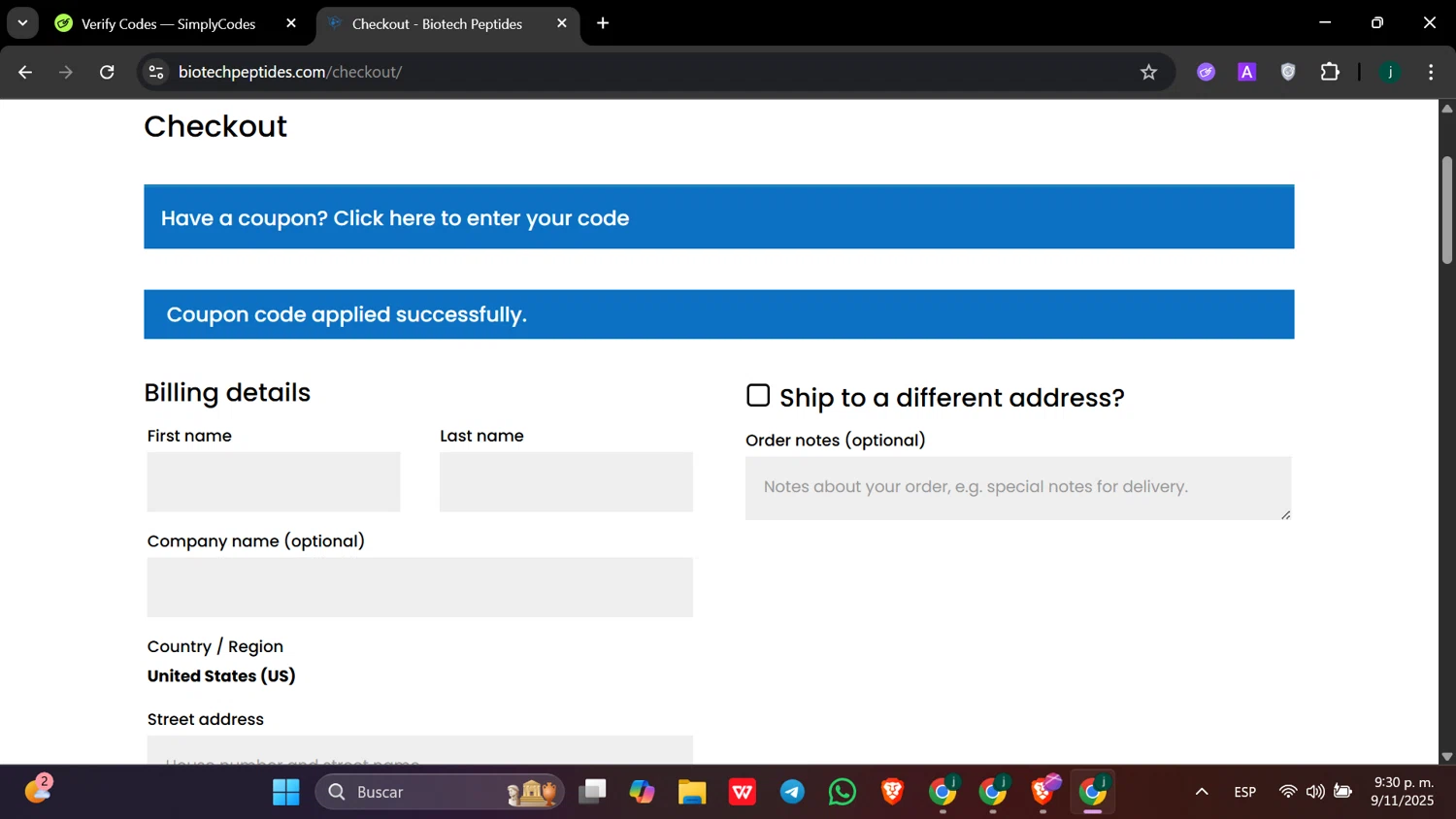 Biotech Peptides coupon code screenshot showing code ac15 applied at Biotech Peptides checkout page. Uploaded by SimplyCodes community member hanzell2 on Nov 10, 2025