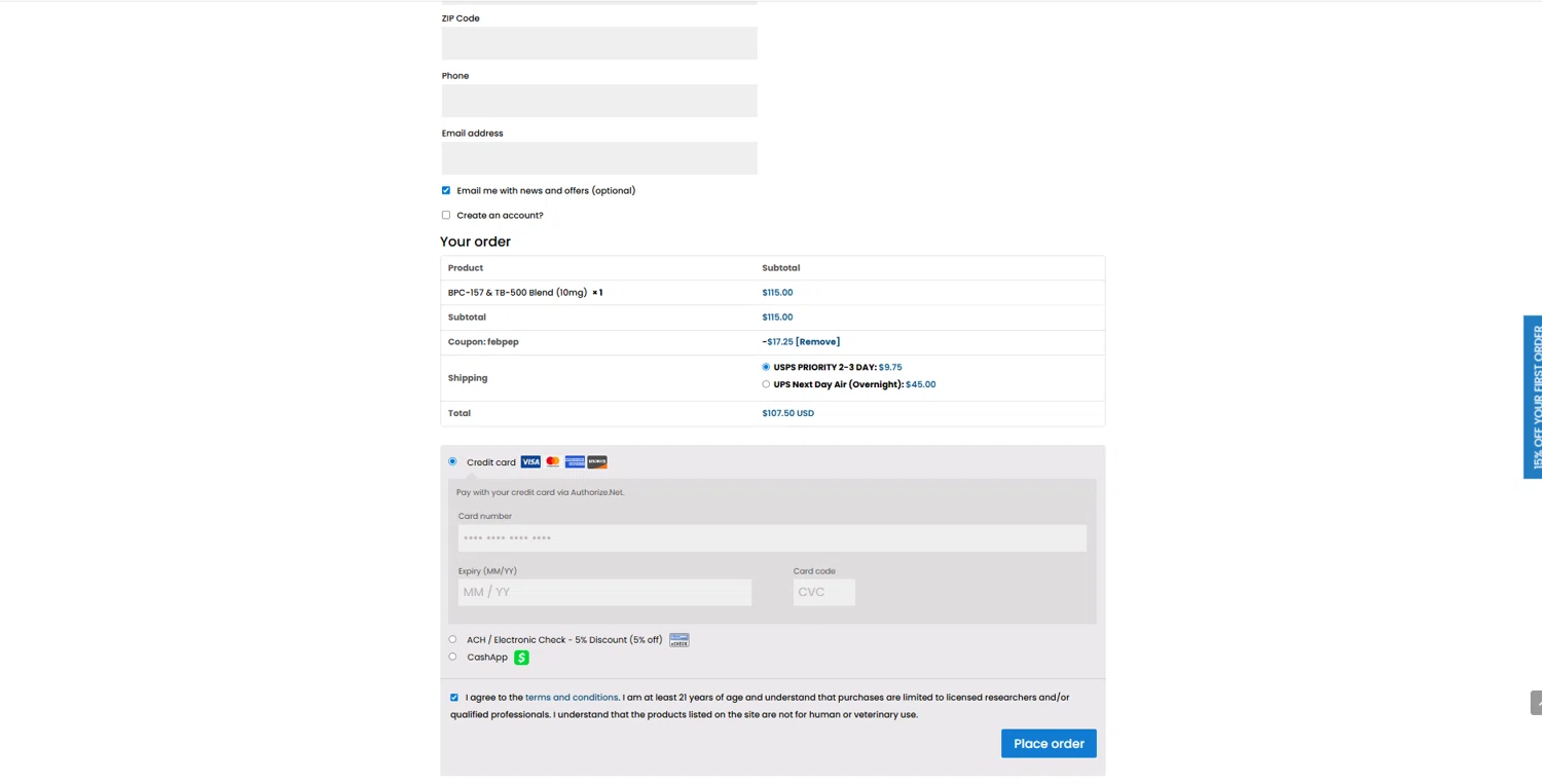 Biotech Peptides coupon code screenshot showing code FEBPEP applied at Biotech Peptides checkout page. Uploaded by SimplyCodes community member reggiesmith on Feb 4, 2026