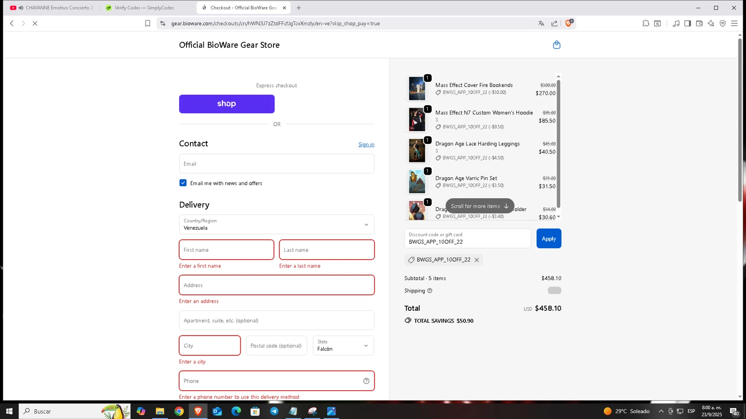 BioWare discount code screenshot showing code BWGS_APP_10OFF_22 applied at BioWare checkout page. Uploaded by SimplyCodes community member Carloscoder_900457733 on Sep 23, 2025