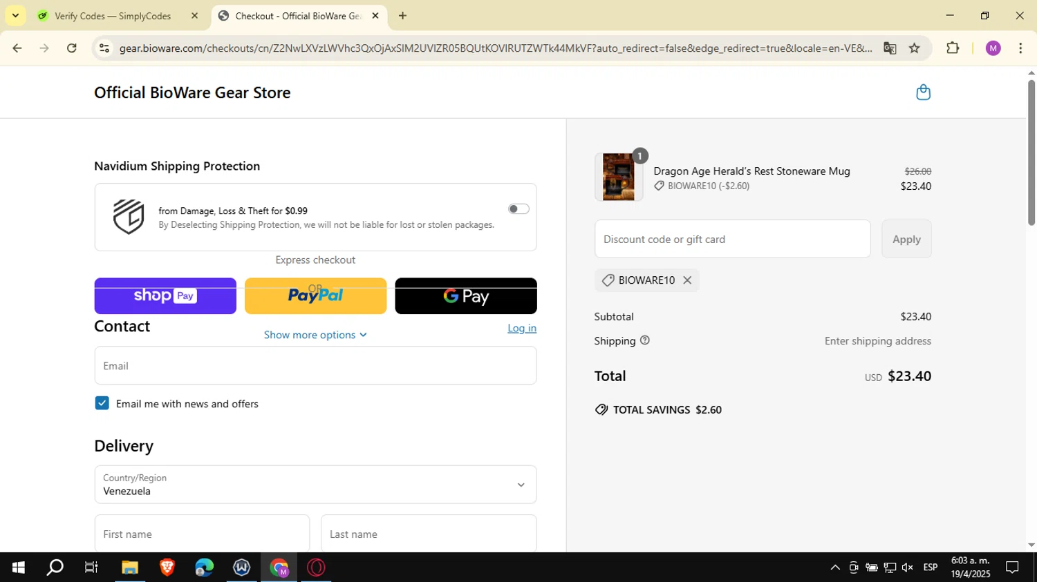 BioWare discount code screenshot showing code BioWare10 applied at BioWare checkout page. Uploaded by SimplyCodes community member NobleSeeker3177 on Apr 19, 2025