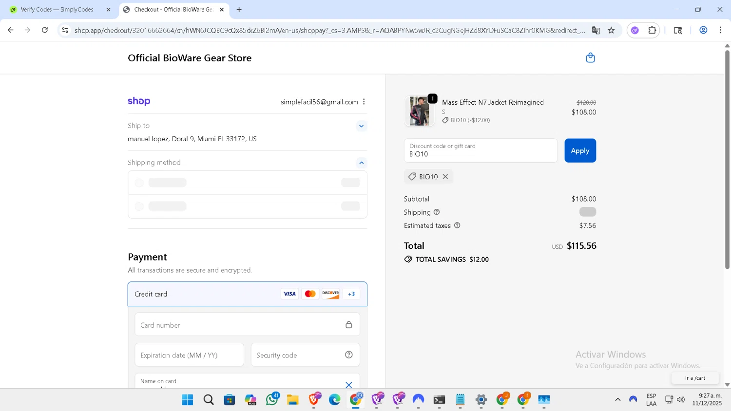 BioWare checkout page showing BioWare discount code box | Screenshot taken by SimplyCodes community member on Dec 11, 2025
