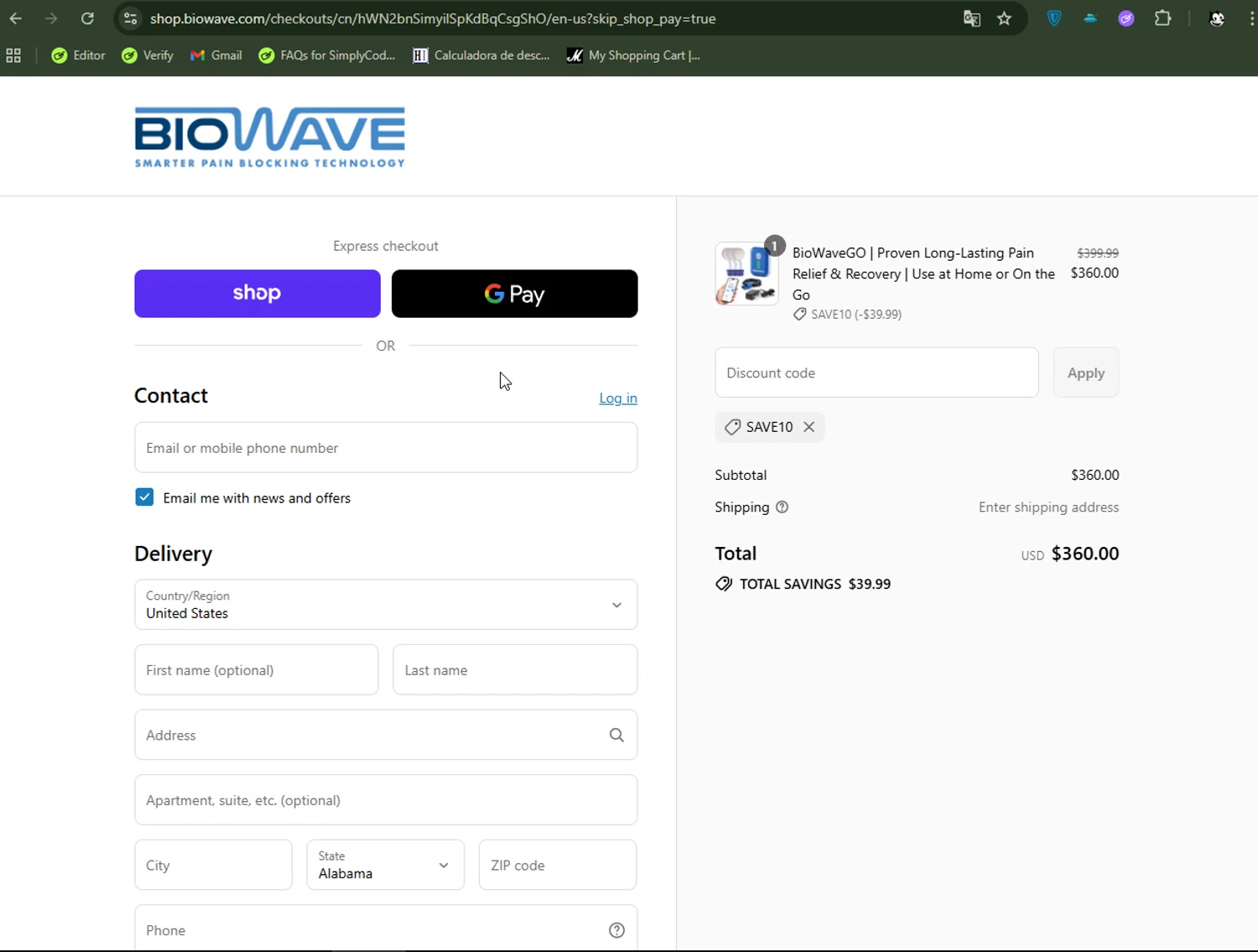 BioWaveGO promo code screenshot showing code SAVE10 applied at BioWaveGO checkout page. Uploaded by SimplyCodes community member FelixelGato on Sep 5, 2025