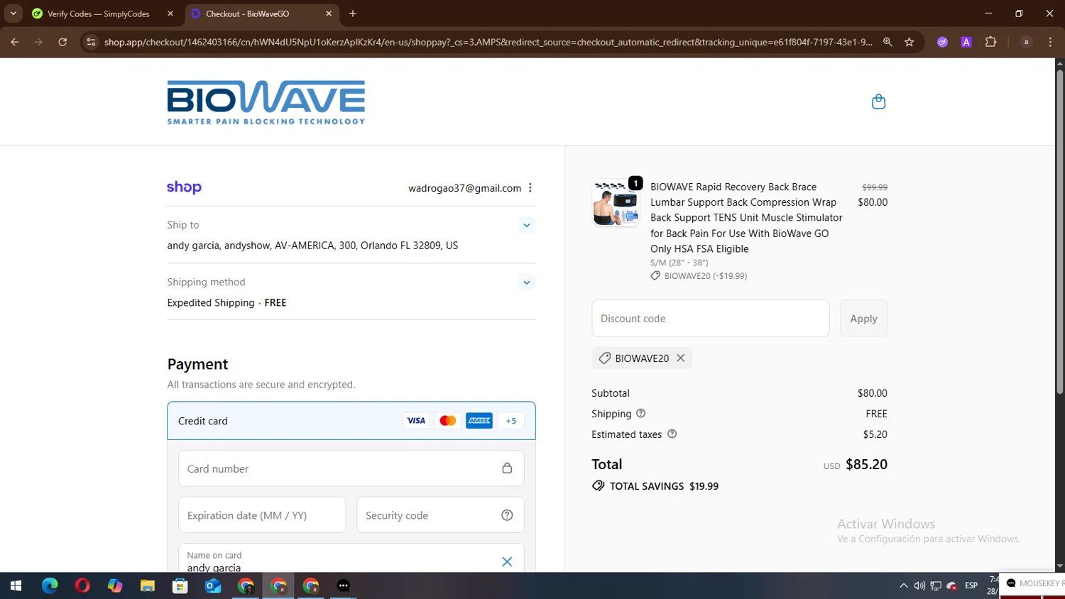 BioWaveGO promo code screenshot showing code BIOWAVE20 applied at BioWaveGO checkout page. Uploaded by SimplyCodes community member lisandro on Oct 28, 2025