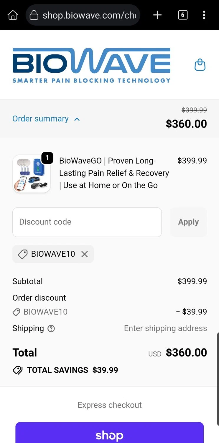 BioWaveGO promo code screenshot showing code BIOWAVE10 applied at BioWaveGO checkout page. Uploaded by SimplyCodes community member Carloslvz on Dec 1, 2025