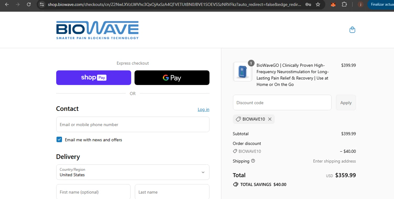 BioWaveGO promo code screenshot showing code BIOWAVE10 applied at BioWaveGO checkout page. Uploaded by SimplyCodes community member henryortiz on Jul 16, 2025