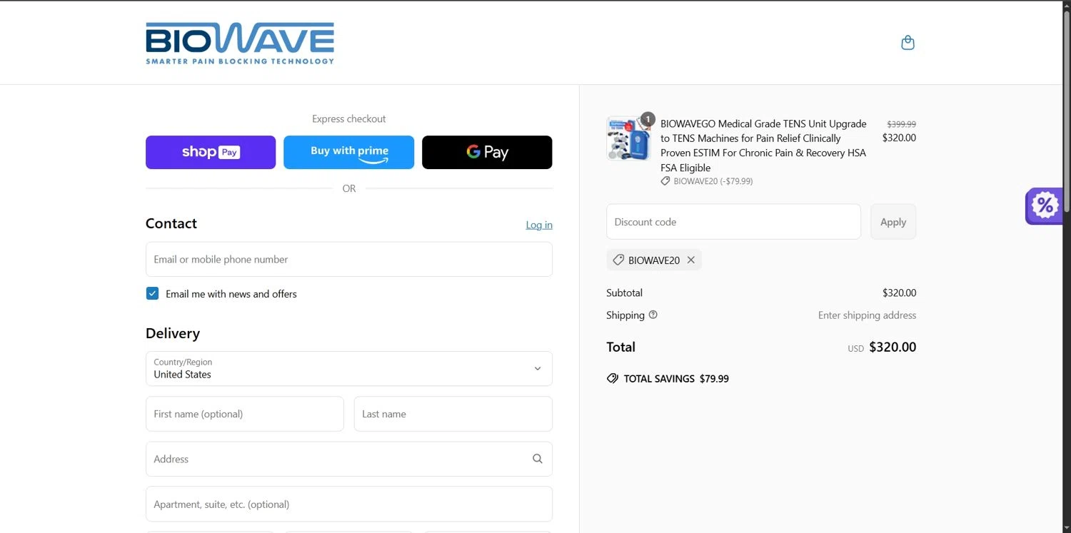 BioWaveGO promo code screenshot showing code BIOWAVE20 applied at BioWaveGO checkout page. Uploaded by SimplyCodes community member Depressive on May 3, 2025