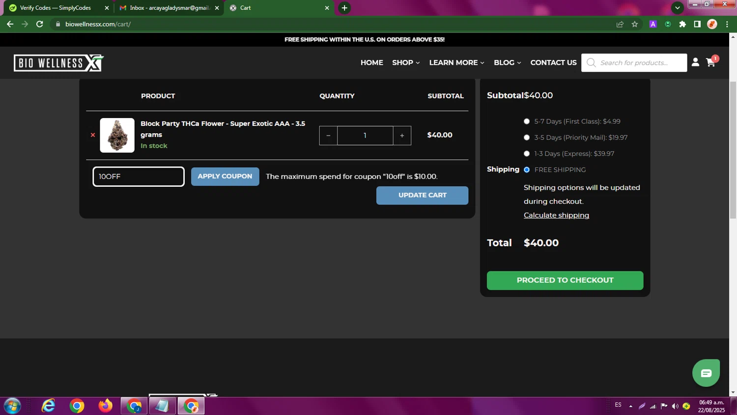 BiowellnessX promo code screenshot showing code 10OFF applied at BiowellnessX checkout page. Uploaded by SimplyCodes community member ExtraordinaryPhoenix9295 on Aug 22, 2025