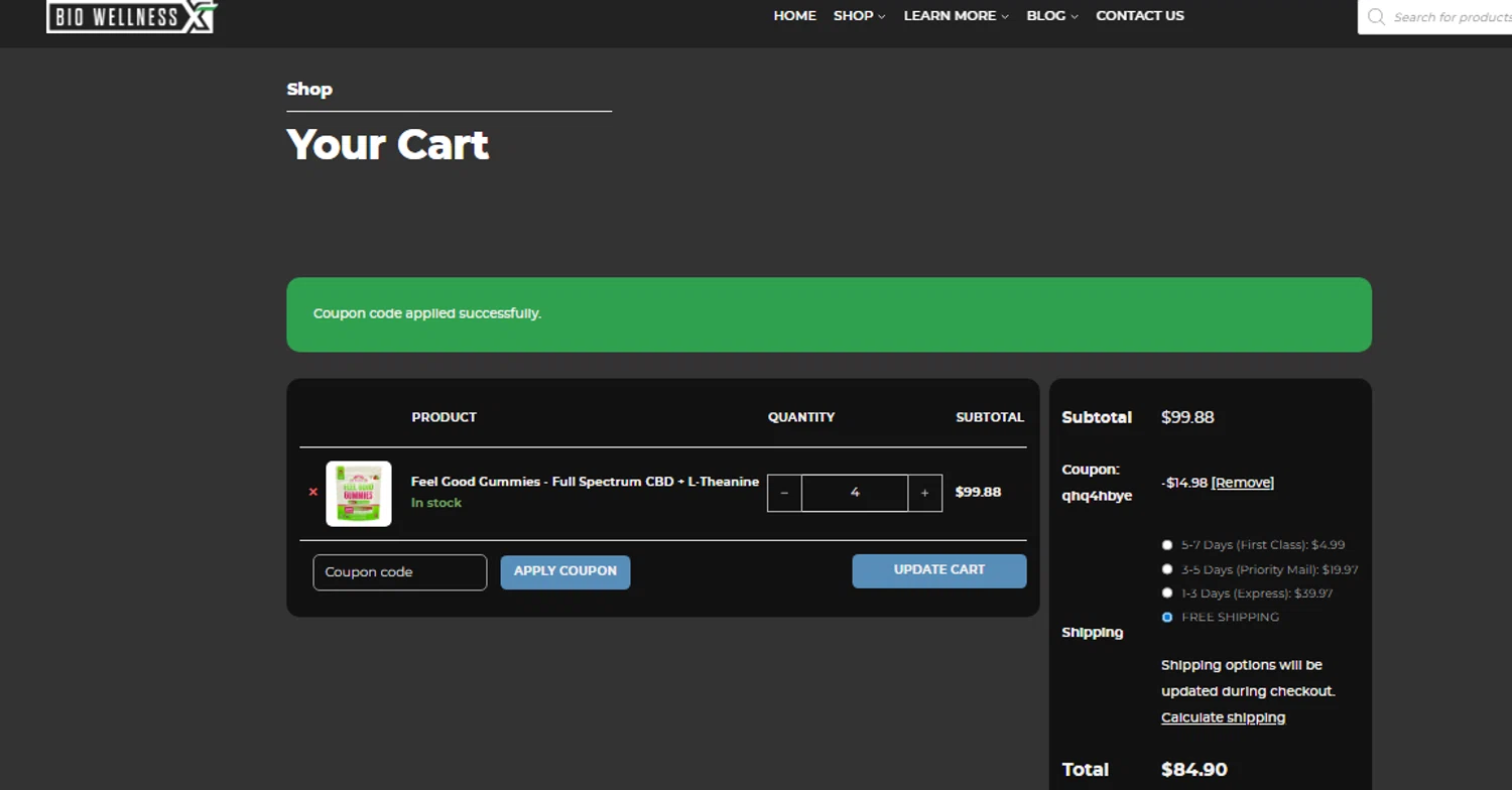BiowellnessX promo code screenshot showing code QHQ4HBYE applied at BiowellnessX checkout page. Uploaded by SimplyCodes community member Toundjiale on Nov 18, 2025