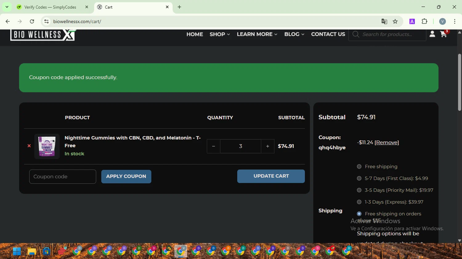 BiowellnessX promo code screenshot showing code QHQ4HBYE applied at BiowellnessX checkout page. Uploaded by SimplyCodes community member SwiftScout1619 on May 2, 2025