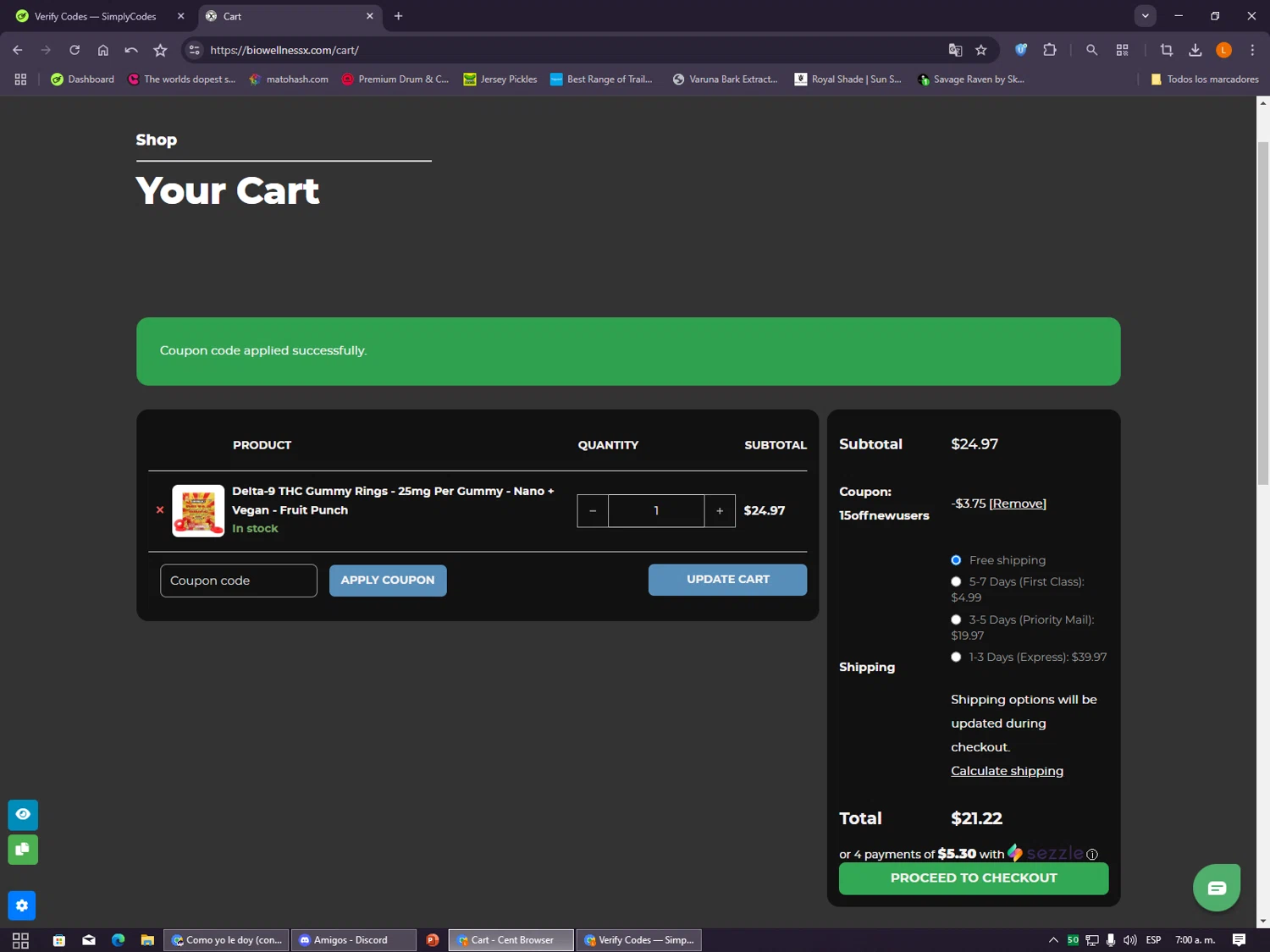 BiowellnessX promo code screenshot showing code 15OFFNEWUSERS applied at BiowellnessX checkout page. Uploaded by SimplyCodes community member VayneChambeadora on Nov 30, 2025