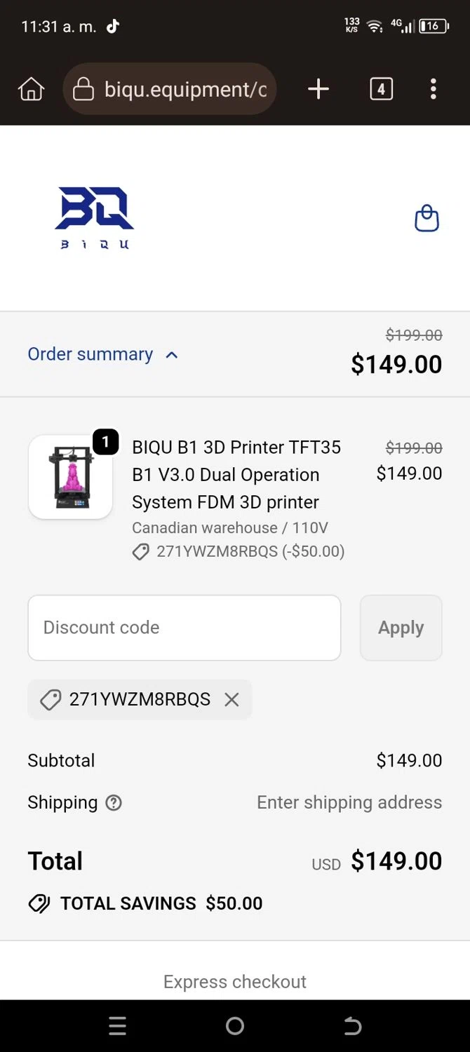 Biqu Equipment discount code screenshot showing code 271YWZM8RBQS applied at Biqu Equipment checkout page. Uploaded by SimplyCodes community member WiseScout4178 on Sep 20, 2025