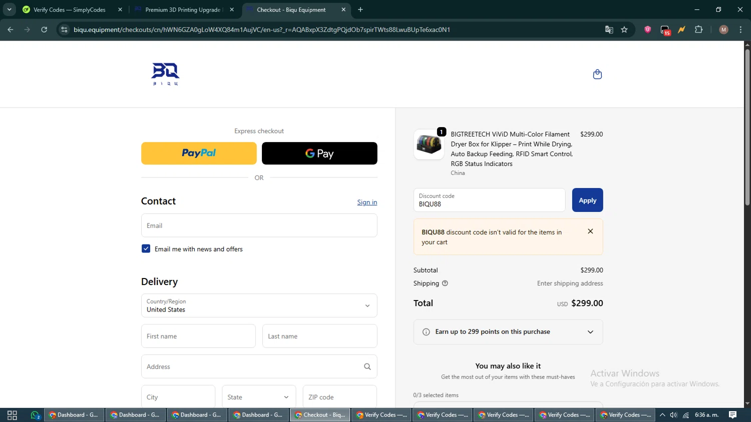 Biqu Equipment discount code screenshot showing code BIQU88 applied at Biqu Equipment checkout page. Uploaded by SimplyCodes community member DiscountTitan4635 on Dec 10, 2025
