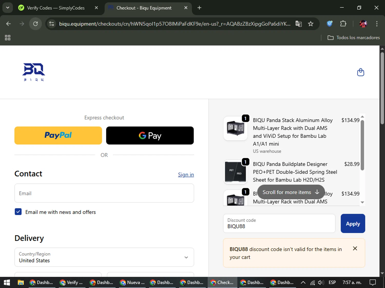 Biqu Equipment discount code screenshot showing code BIQU88 applied at Biqu Equipment checkout page. Uploaded by SimplyCodes community member SavingsEagle5772 on Nov 29, 2025