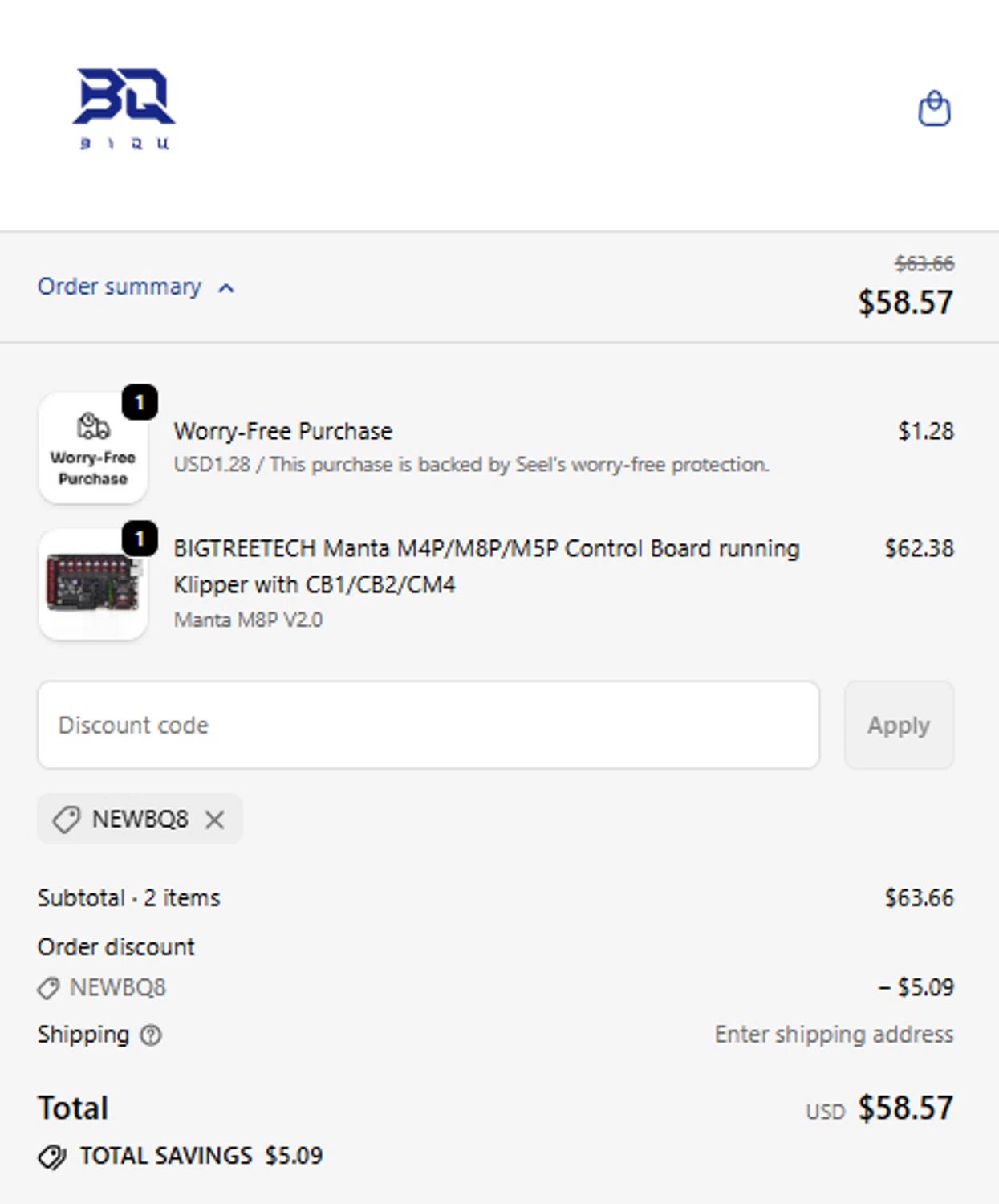 Biqu Equipment discount code screenshot showing code NEWBQ8 applied at Biqu Equipment checkout page. Uploaded by SimplyCodes community member EugeRM on Oct 17, 2025