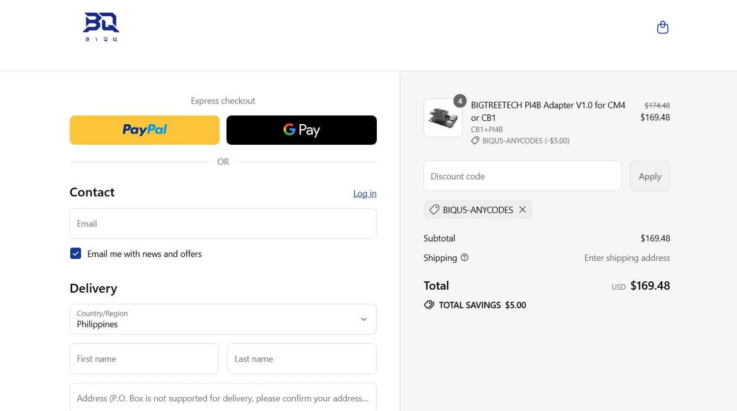 Biqu Equipment discount code screenshot showing code BIQU5-ANYCODES applied at Biqu Equipment checkout page. Uploaded by SimplyCodes community member Lioniel on Aug 2, 2025