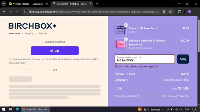 BirchBox checkout page showing BirchBox promo code box | Screenshot taken by SimplyCodes community member on Sep 2, 2025