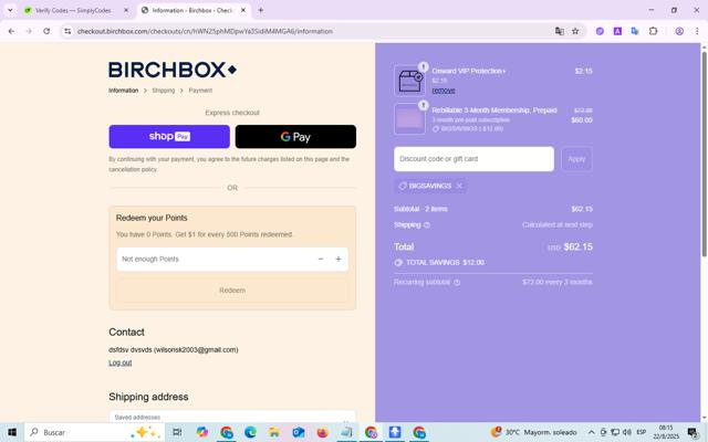 BirchBox checkout page showing BirchBox promo code box | Screenshot taken by SimplyCodes community member on Aug 22, 2025