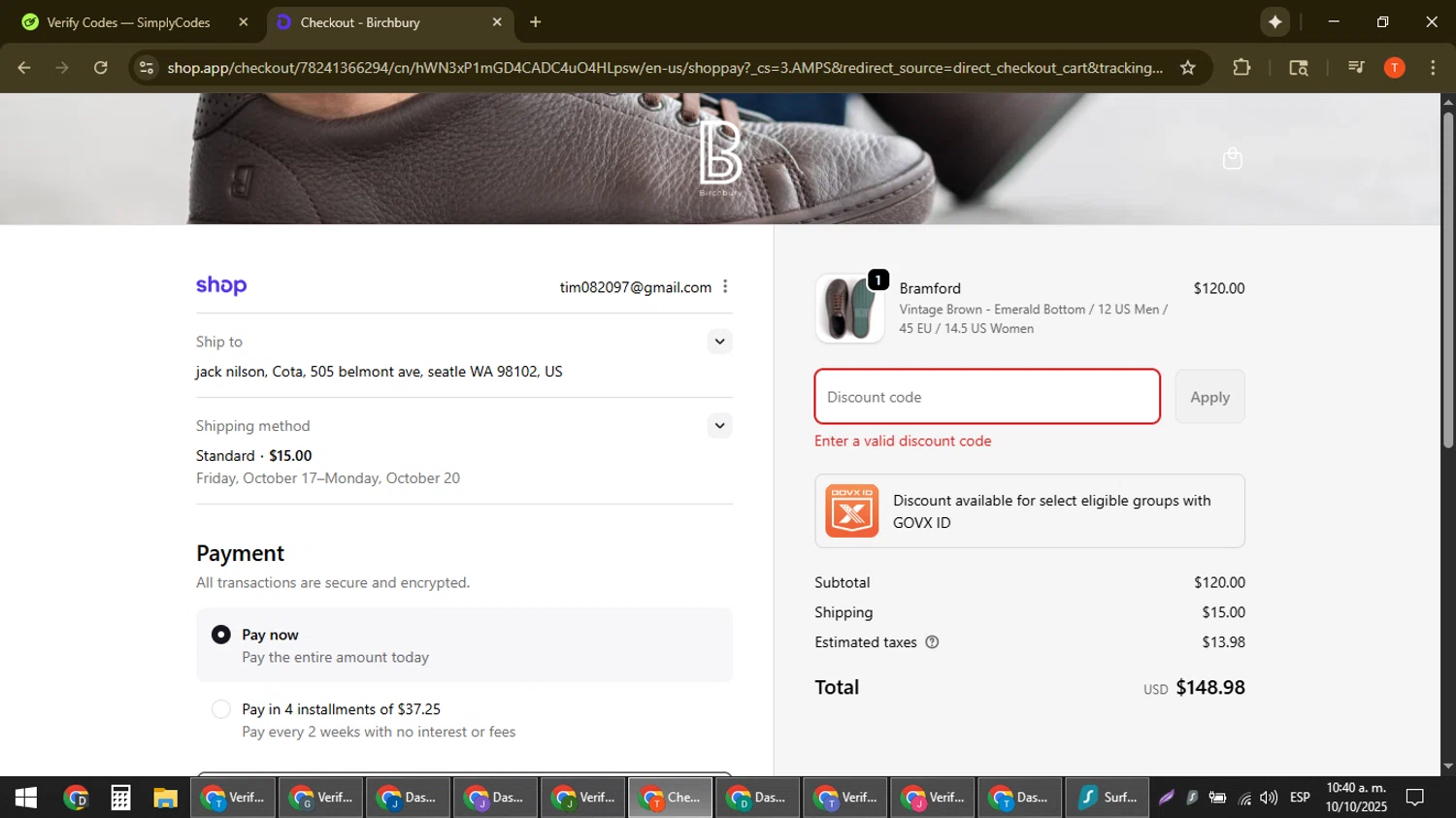 Birchbury discount code screenshot showing code 10OFF applied at Birchbury checkout page. Uploaded by SimplyCodes community member ShrewdAce8338 on Oct 10, 2025