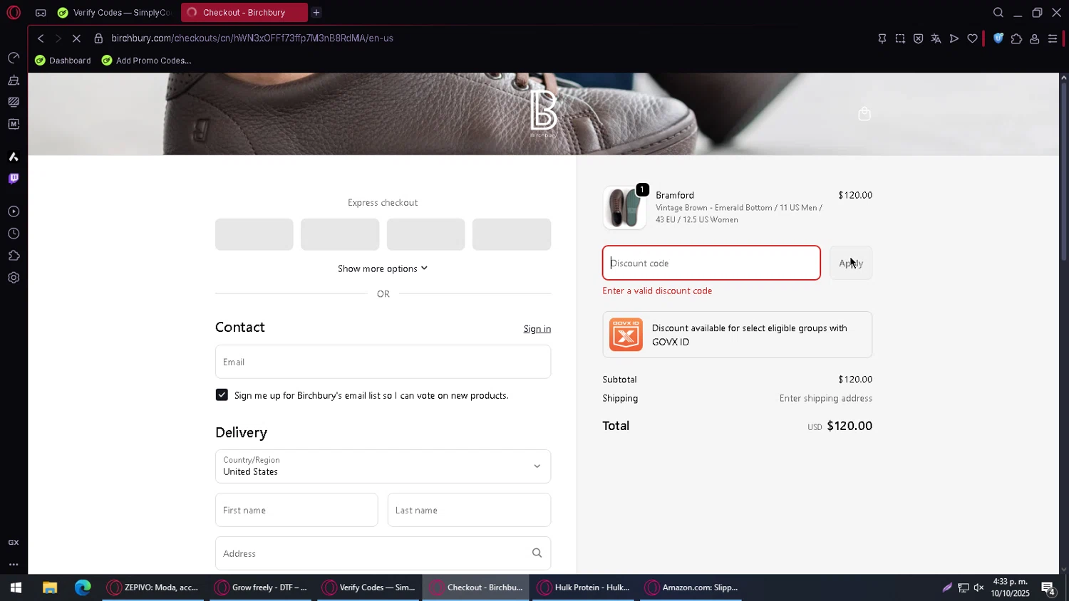 Birchbury discount code screenshot showing code 10OFF applied at Birchbury checkout page. Uploaded by SimplyCodes community member SmartMaverick5327 on Oct 10, 2025