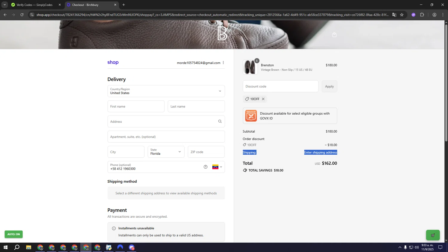 Birchbury checkout page showing Birchbury discount code box | Screenshot taken by SimplyCodes community member on Sep 11, 2025