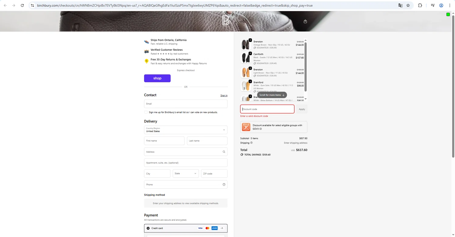 Birchbury discount code screenshot showing code wonderful applied at Birchbury checkout page. Uploaded by SimplyCodes community member zzzzzzza on Feb 14, 2026
