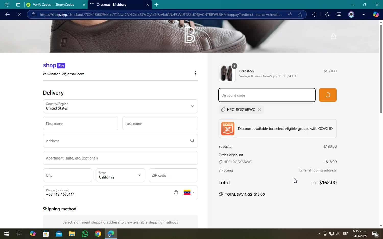 Birchbury discount code screenshot showing code HPC1RQSY6BWC applied at Birchbury checkout page. Uploaded by SimplyCodes community member SOPACONPAN on Mar 24, 2025