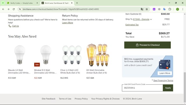 Birch Lane checkout page showing Birch Lane promo code box | Screenshot taken by SimplyCodes community member on Jul 28, 2024