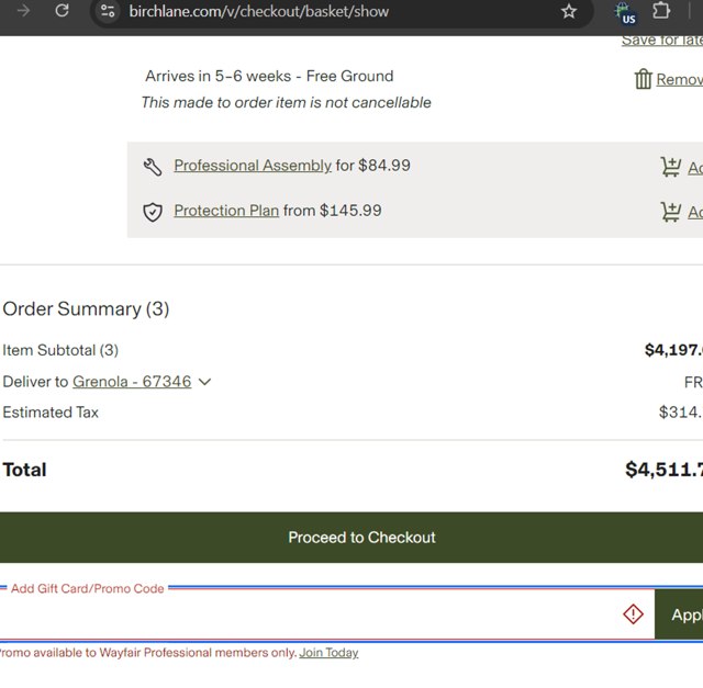Birch Lane checkout page showing Birch Lane promo code box | Screenshot taken by SimplyCodes community member on Aug 31, 2024