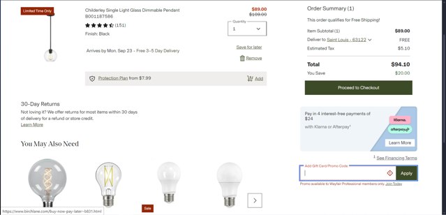 Birch Lane checkout page showing Birch Lane promo code box | Screenshot taken by SimplyCodes community member on Sep 20, 2024