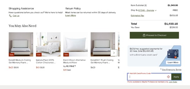 Birch Lane checkout page showing Birch Lane promo code box | Screenshot taken by SimplyCodes community member on Jul 28, 2024