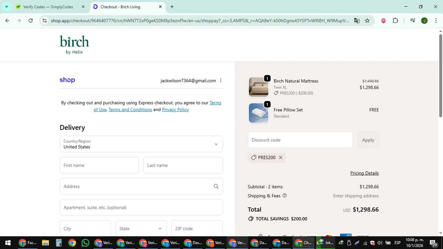 Birch Living promo code screenshot showing code PRES200 applied at Birch Living checkout page. Uploaded by SimplyCodes community member ShieldFinder369 on Jan 11, 2026