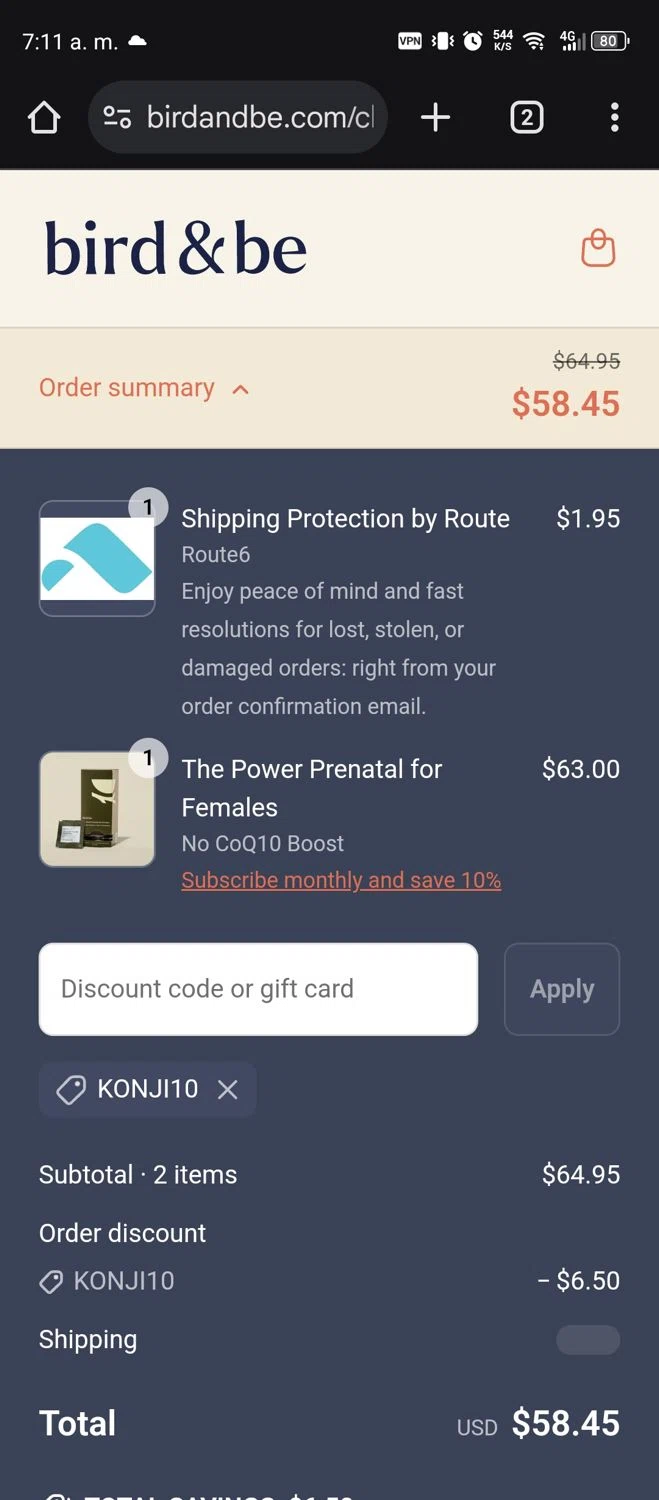 Bird&Be promo code screenshot showing code KONJI10 applied at Bird&Be checkout page. Uploaded by SimplyCodes community member Diego_Soto on Mar 31, 2025