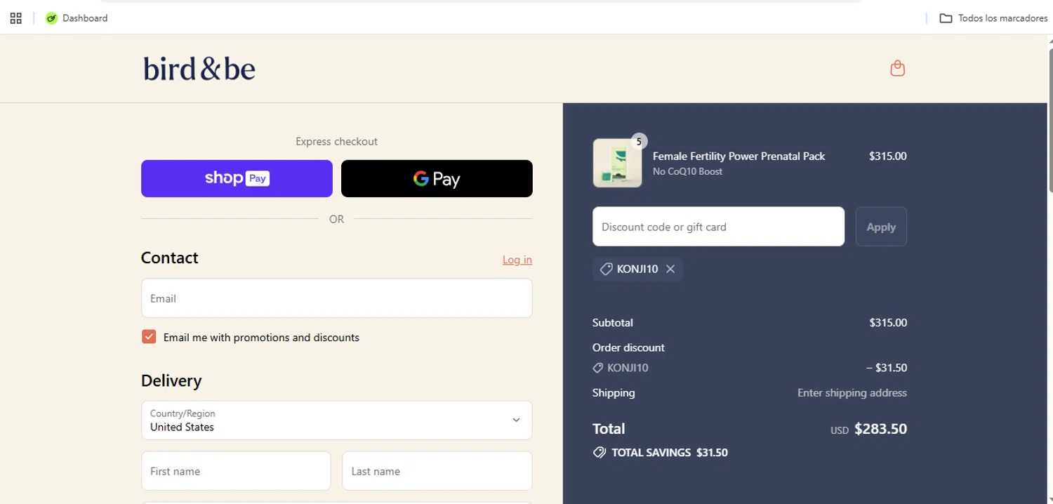 Bird&Be promo code screenshot showing code KONJI10 applied at Bird&Be checkout page. Uploaded by SimplyCodes community member Speedy on Aug 18, 2025