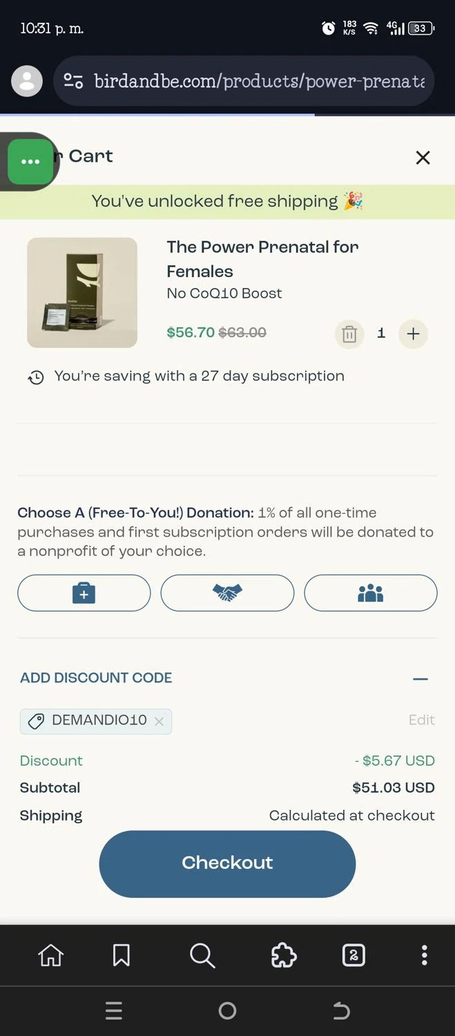 Bird&Be promo code screenshot showing code DEMANDIO10 applied at Bird&Be checkout page. Uploaded by SimplyCodes community member CashSaver3941 on Jul 24, 2025