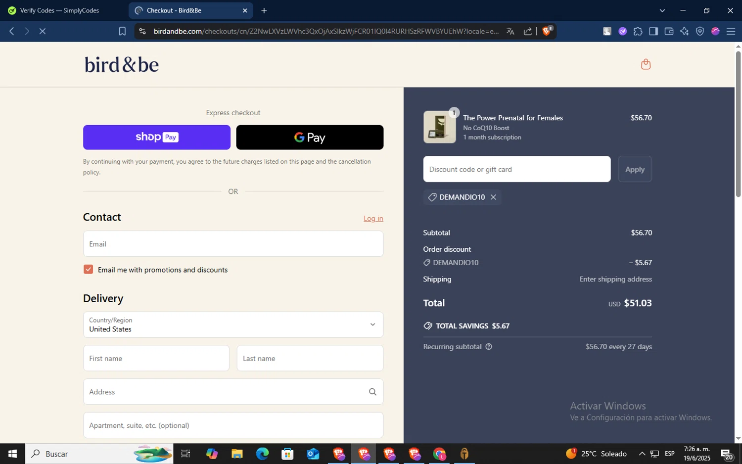 Bird&Be promo code screenshot showing code DEMANDIO10 applied at Bird&Be checkout page. Uploaded by SimplyCodes community member TokenSaver1205 on Jun 19, 2025