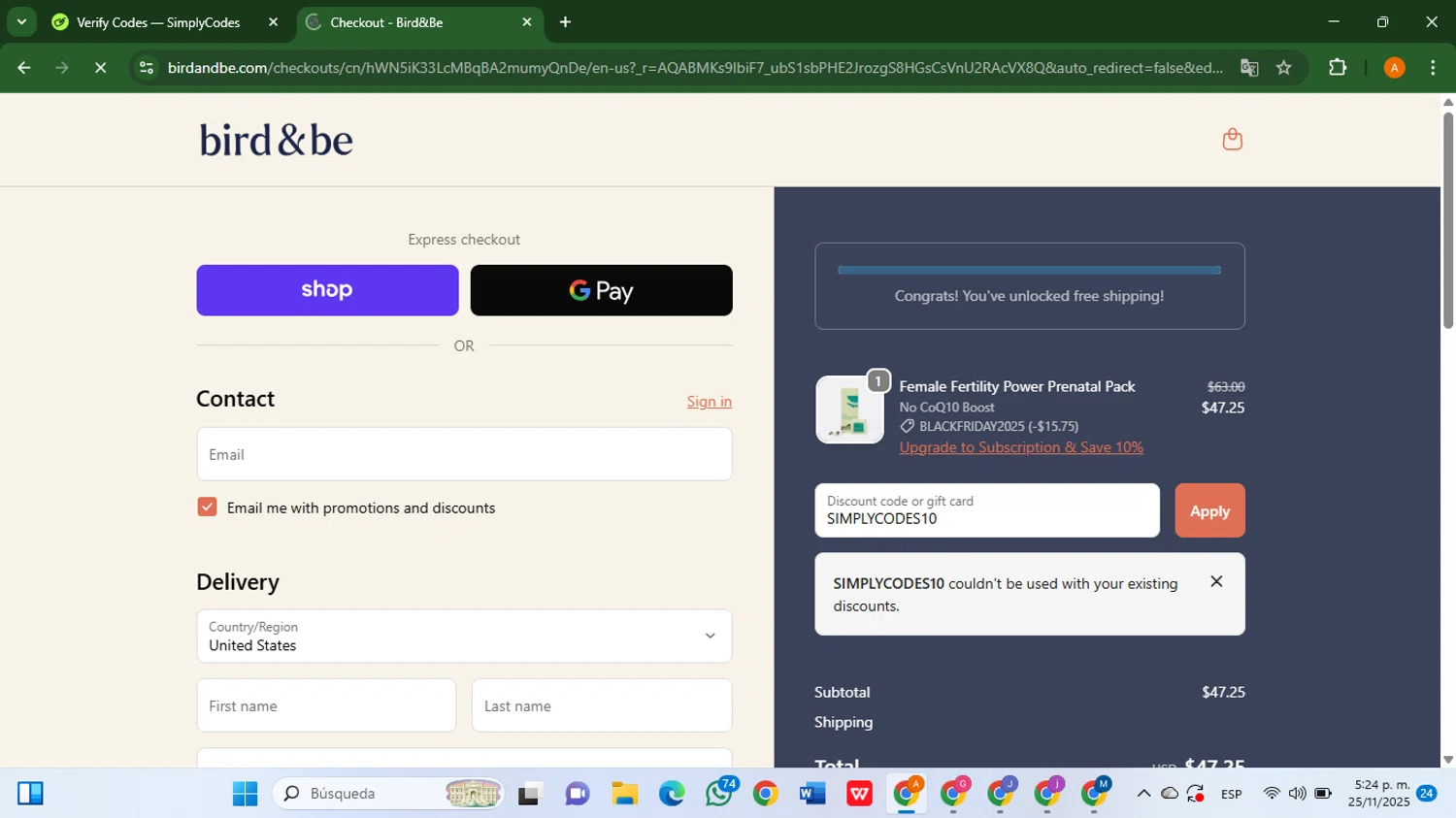 Bird&Be promo code screenshot showing code SIMPLYCODES10 applied at Bird&Be checkout page. Uploaded by SimplyCodes community member AlfredoBonifacio on Nov 25, 2025
