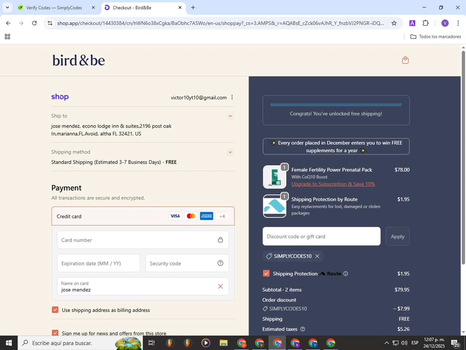 Bird&Be promo code screenshot showing code SIMPLYCODES10 applied at Bird&Be checkout page. Uploaded by SimplyCodes community member Gianpiero on Dec 24, 2025