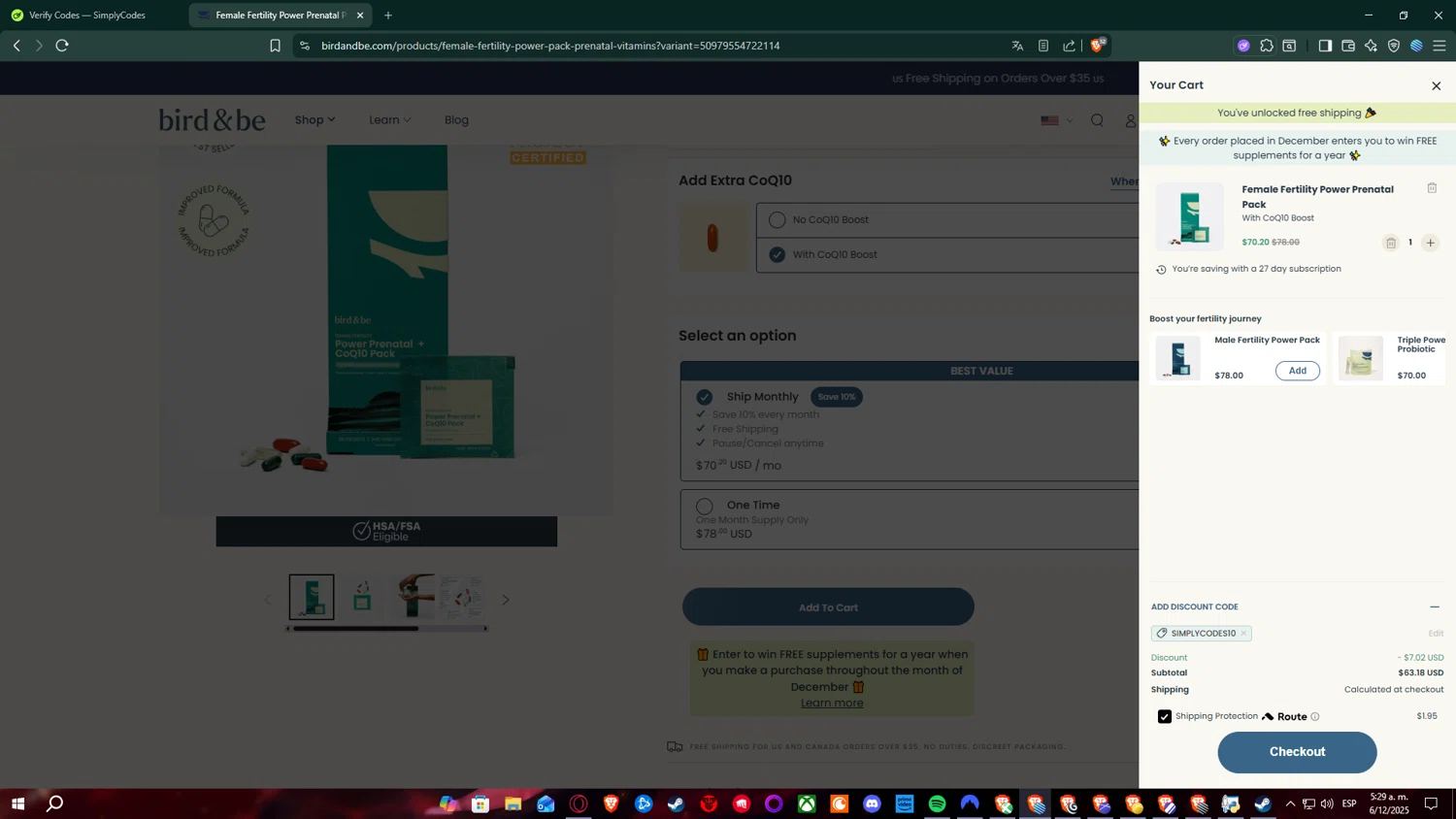 Bird&Be promo code screenshot showing code SIMPLYCODES10 applied at Bird&Be checkout page. Uploaded by SimplyCodes community member RickCound on Dec 6, 2025