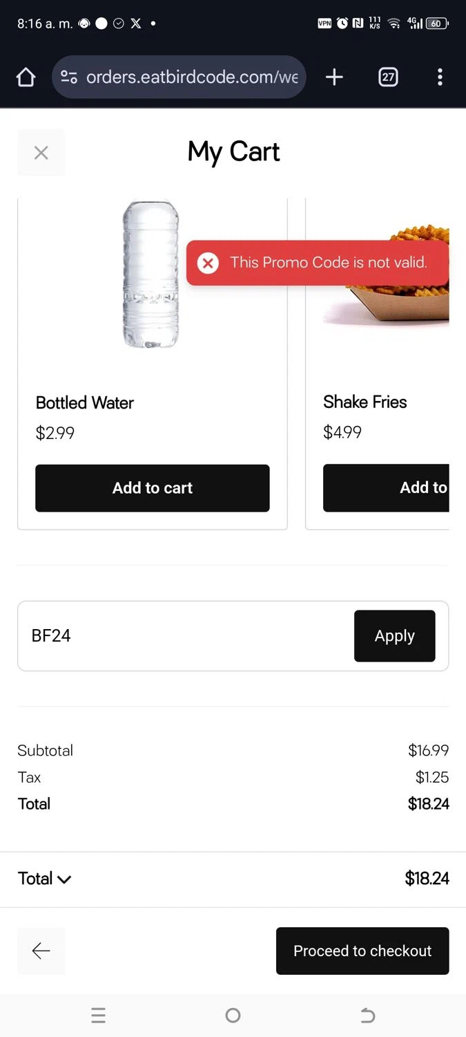 BIRDCODE promo code screenshot showing code BF24 applied at BIRDCODE checkout page. Uploaded by SimplyCodes community member kikimbappe on Dec 31, 2024