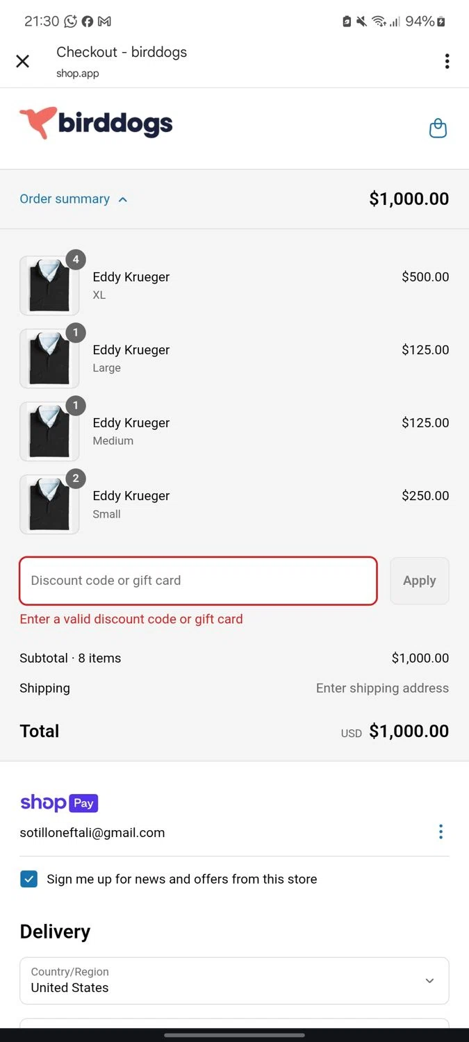 Birddogs discount code screenshot showing code LEMON applied at Birddogs checkout page. Uploaded by SimplyCodes community member neurioandrades on May 9, 2025
