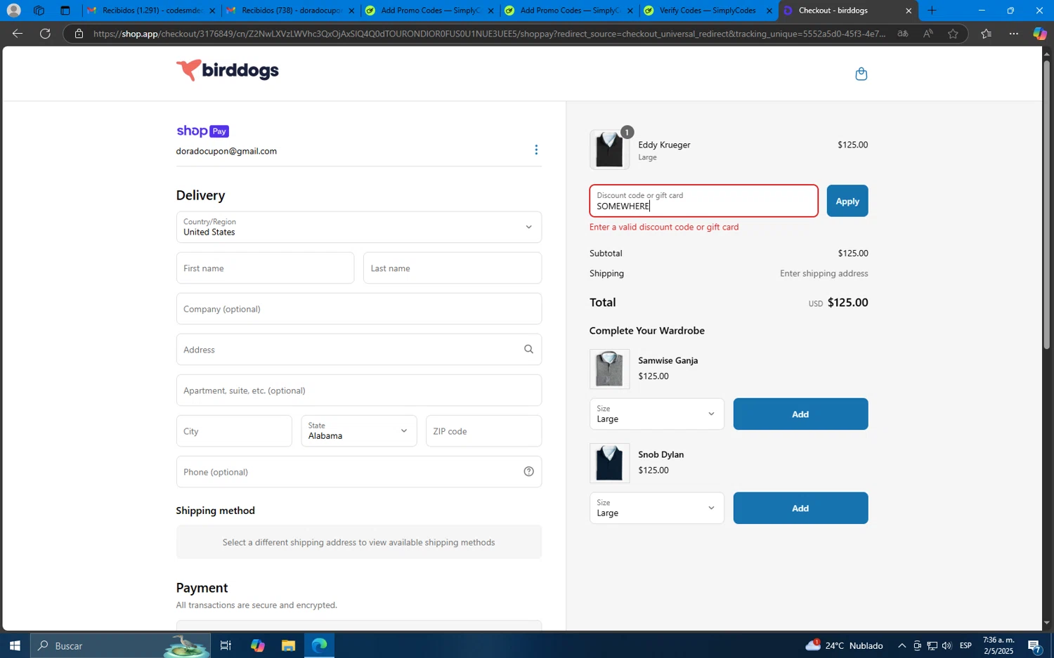 Birddogs discount code screenshot showing code SOMEWHERE applied at Birddogs checkout page. Uploaded by SimplyCodes community member Mdeoca on May 2, 2025
