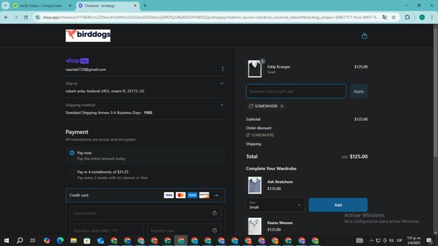 Birddogs checkout page showing Birddogs discount code box | Screenshot taken by SimplyCodes community member on Apr 3, 2025
