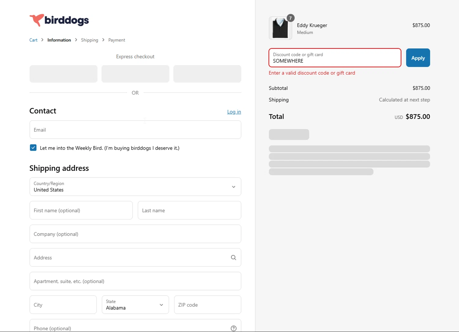 Birddogs discount code screenshot showing code SOMEWHERE applied at Birddogs checkout page. Uploaded by SimplyCodes community member lisethchirino on May 2, 2025