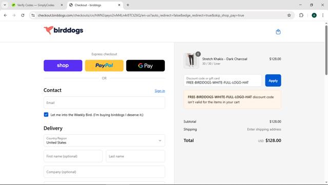 Birddogs checkout page showing Birddogs discount code box | Screenshot taken by SimplyCodes community member on Sep 11, 2025