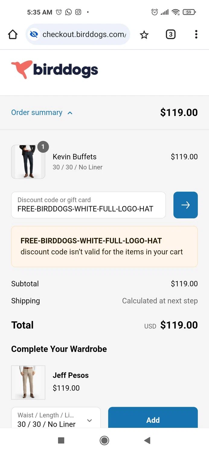 Birddogs discount code screenshot showing code FREE-BIRDDOGS-WHITE-FULL-LOGO-HAT applied at Birddogs checkout page. Uploaded by SimplyCodes community member Piolin on May 28, 2025