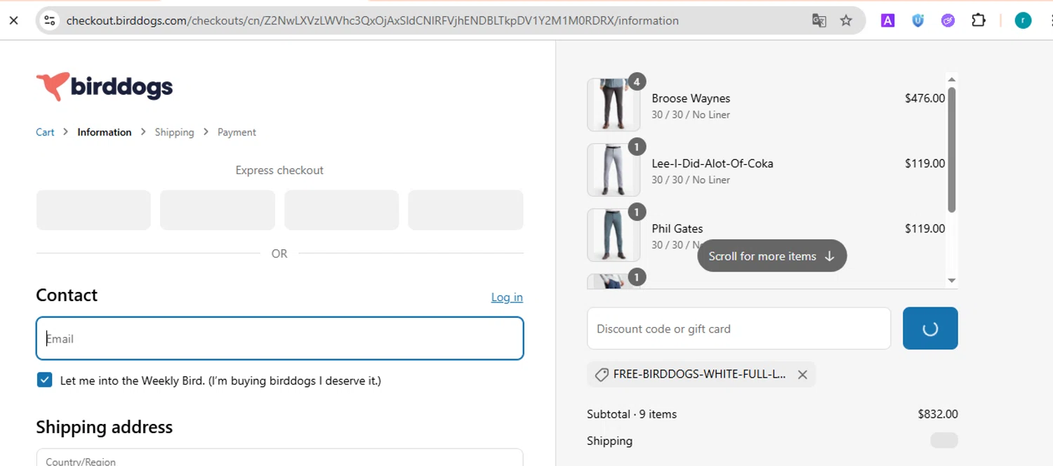 Birddogs discount code screenshot showing code FREE-BIRDDOGS-WHITE-FULL-LOGO-HAT applied at Birddogs checkout page. Uploaded by SimplyCodes community member TokenScout7028 on May 28, 2025