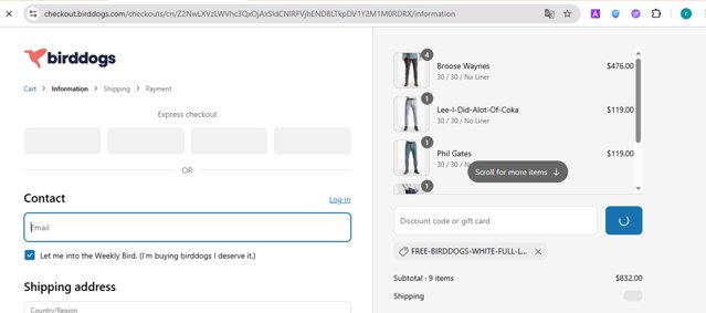 Birddogs checkout page showing Birddogs discount code box | Screenshot taken by SimplyCodes community member on May 28, 2025