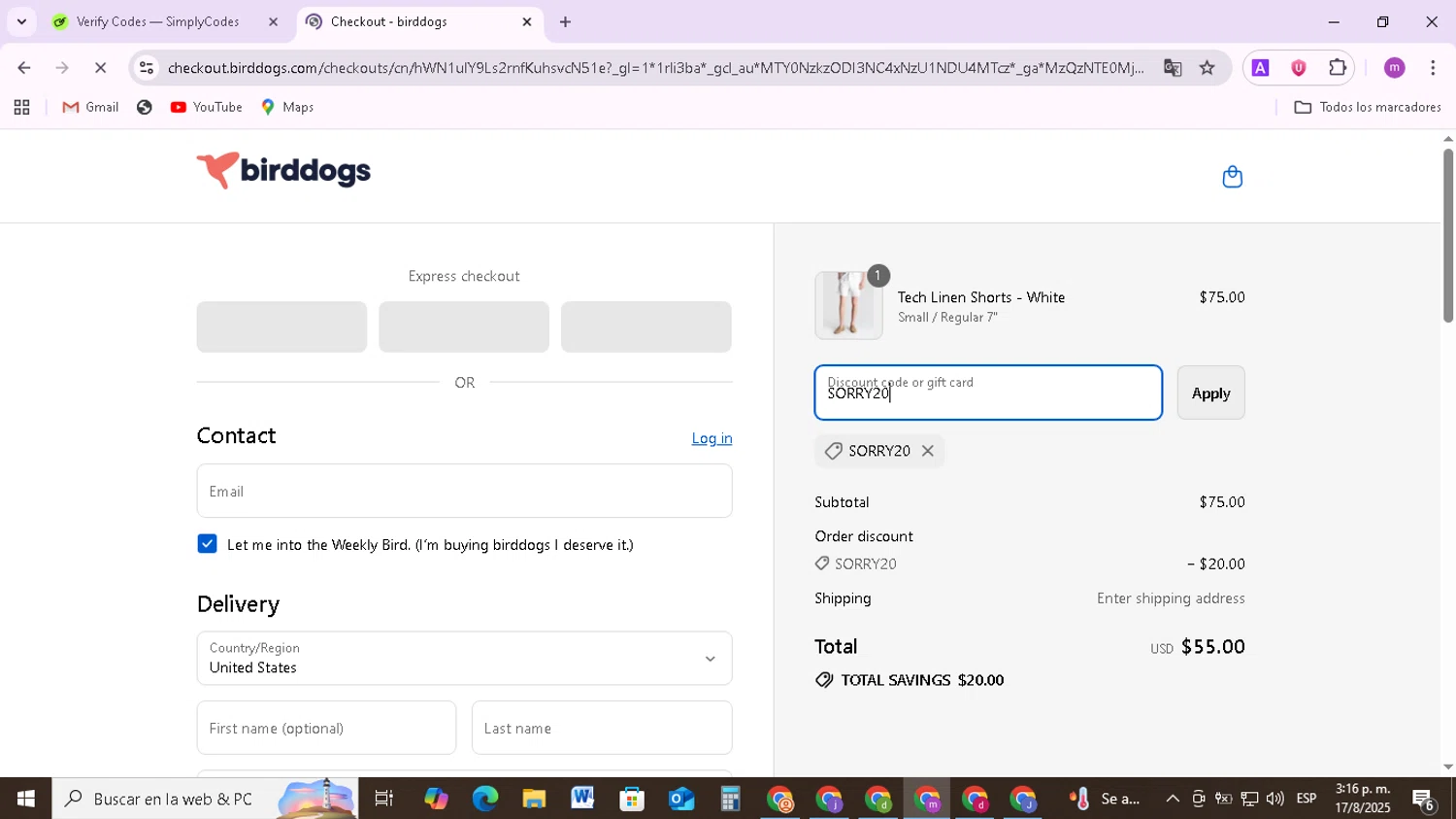 Birddogs discount code screenshot showing code SORRY20 applied at Birddogs checkout page. Uploaded by SimplyCodes community member BudgetMonarch8952 on Aug 17, 2025